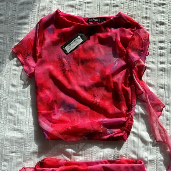 NWT Pink & Purple Floral Mesh Ruffle Detail Top & Mini Skirt A size 4 / small - Picture 6 of 8